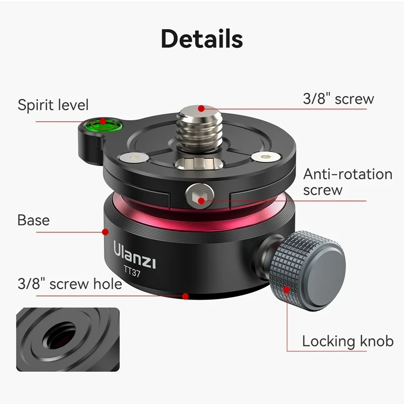 Leveling Base Mount Ulanzi TT37 Mini Leveling Base Tripod 3/8'' 1/4'' Screw Head Universal Horizontal Adjustment Mount Panoramic Head for DSLR Shot