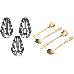 4Pcs Cute Flower Teaspoon Dessert Coffee Spoon With 3Pcs Iron Bulb Guard Lamp Cage, Ceiling Fan And Light Bulb Covers