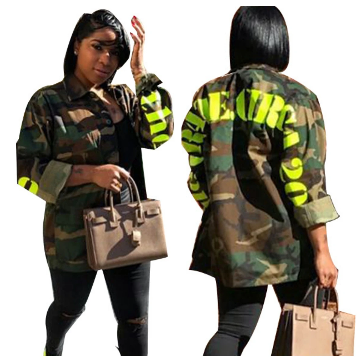 

Women's Green Camouflage Long Jackets new Size Long Sleeve Camo Streetwear Coat femme Jacket