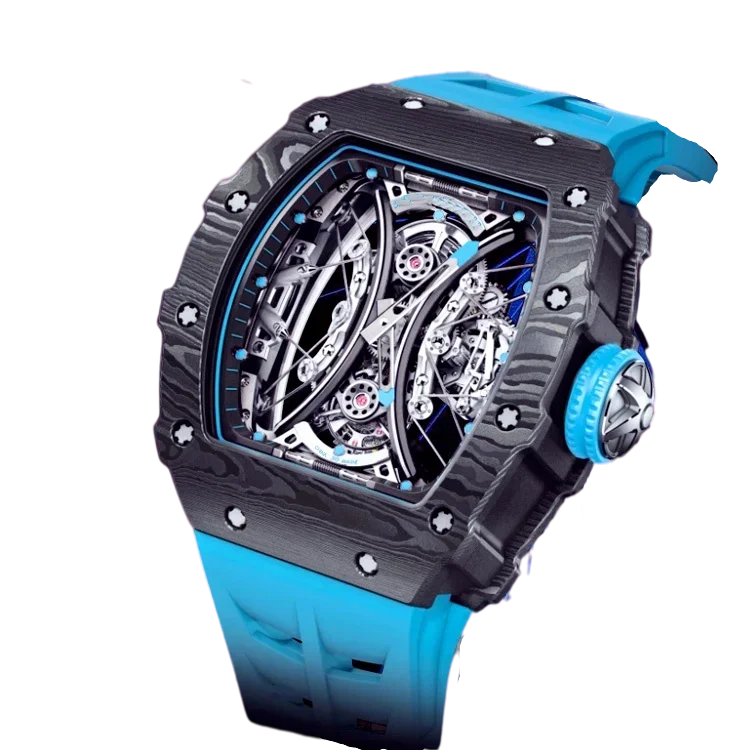 

men Automatic Mechanical watch Black Carbon Fiber Blue Rubber
