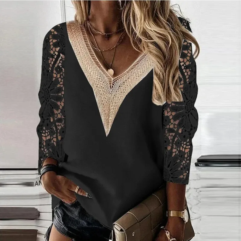 Women Tops Elegant Long Sleeve Blouse Spring V-neck Stitching Hollow Out Lace Chiffon Shirt Casual Loose Clothes Blusas 25948