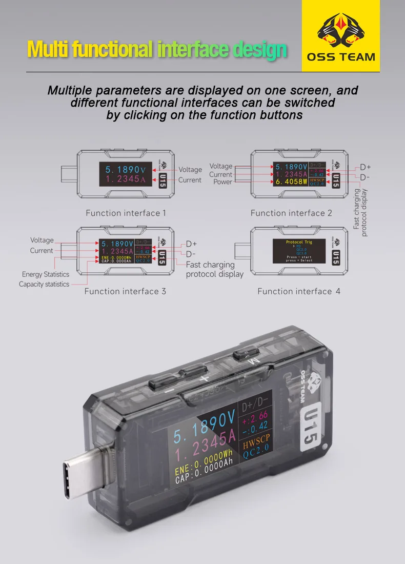 OSS U15/U16 High Accuracy Fast Charging Tester Type-C/USB-A PD2.0 QC3.0 Voltage