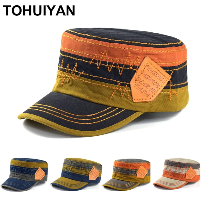 TOHUIYAN Classic Cadet Army Cap For Men Solid Washed Cotton Flat Top Caps  Casual Male Gorra