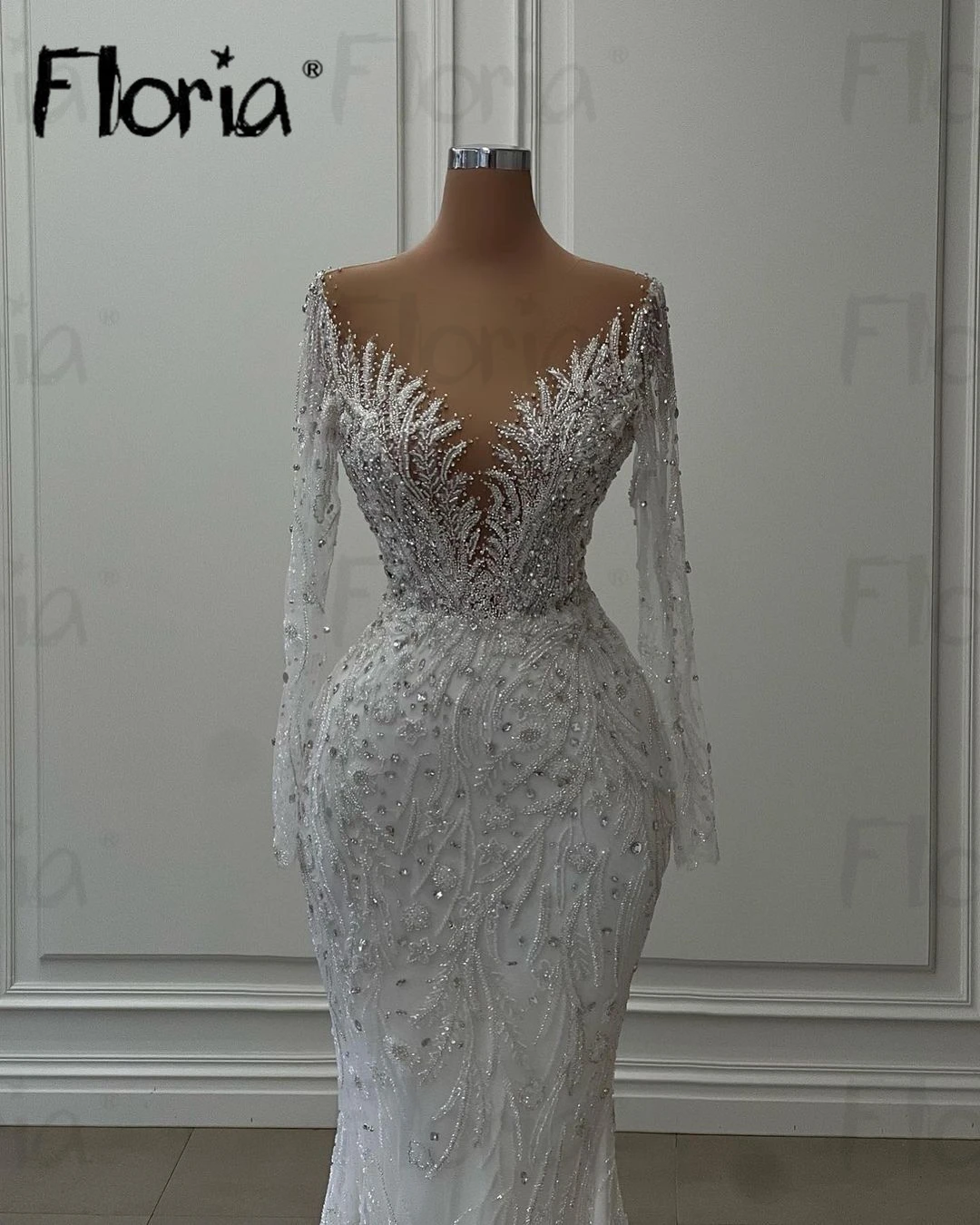 Floria Deep V Neck Long Sleeve Long Evening Dress Detachable Train Beading  Lace Mermaid Prom Gowns Robe de Marie Customized - AliExpress 320
