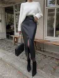 PU Autumn Winter Leather Midi Skirt Women Split Fashion High Waist Bodycon Ladies Skirts Korean Office Black Woman Skirt 2023