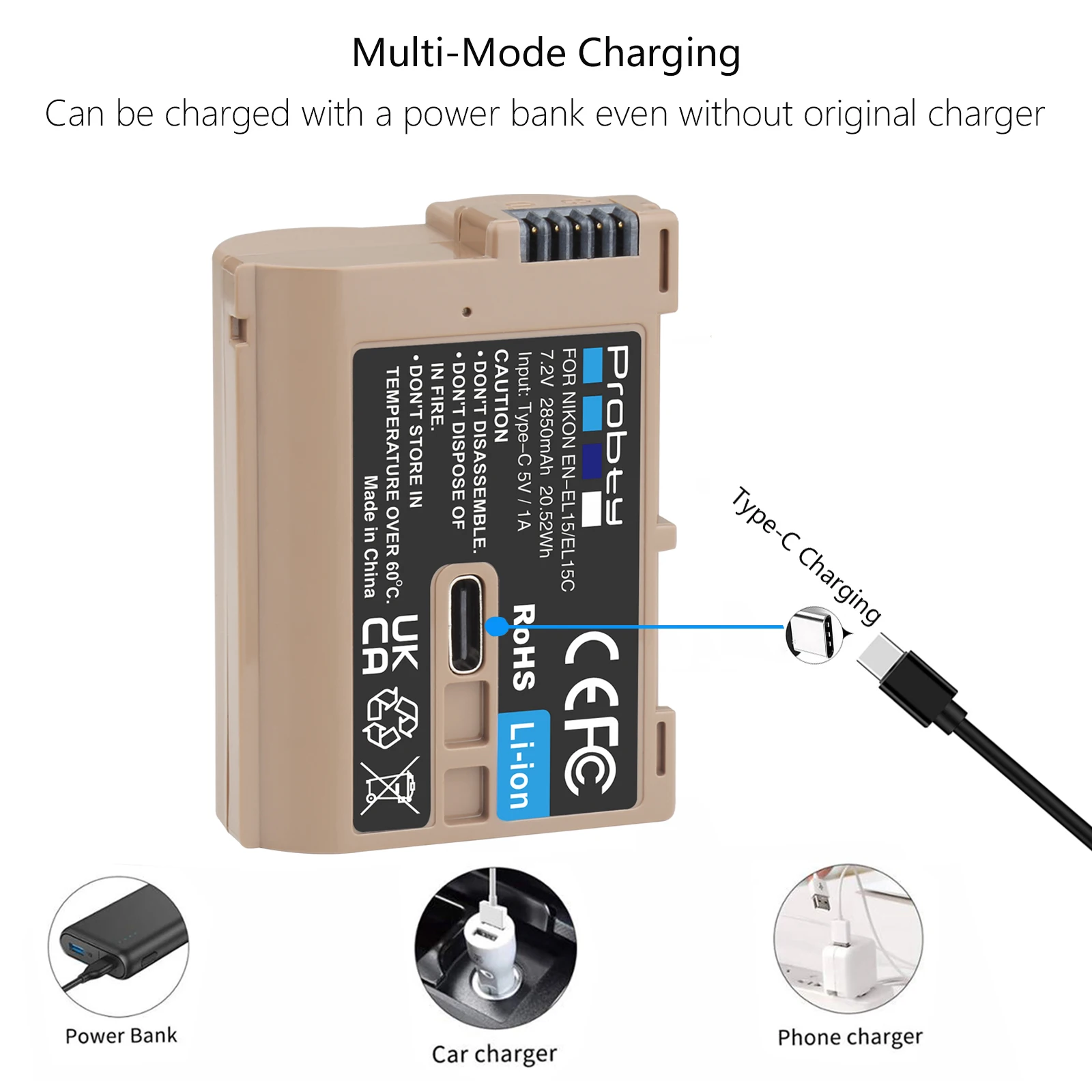 Probty-bateria com Porta de Entrada tipo c 2850mah En-el15c Nikon Z5z8z6 Iiz7z7ii D600 D610 D600e D800 D810 - Image 6