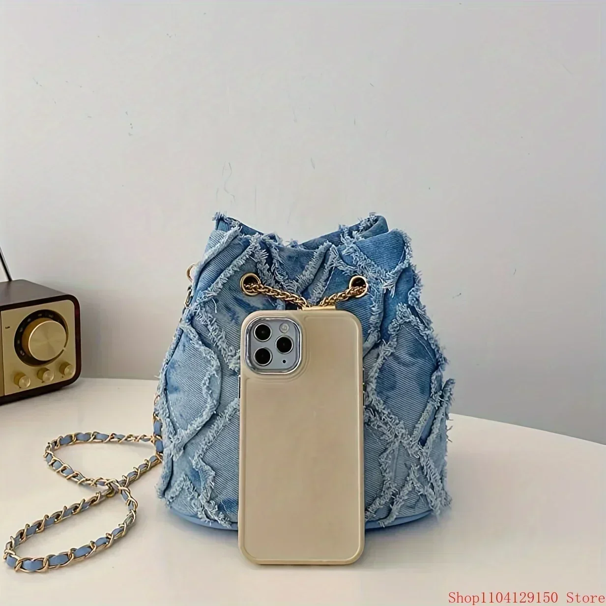 Denim Style Bucket Bag Large Capacity Polyester Lining Drawstring Closure 1pc denim bucket bag