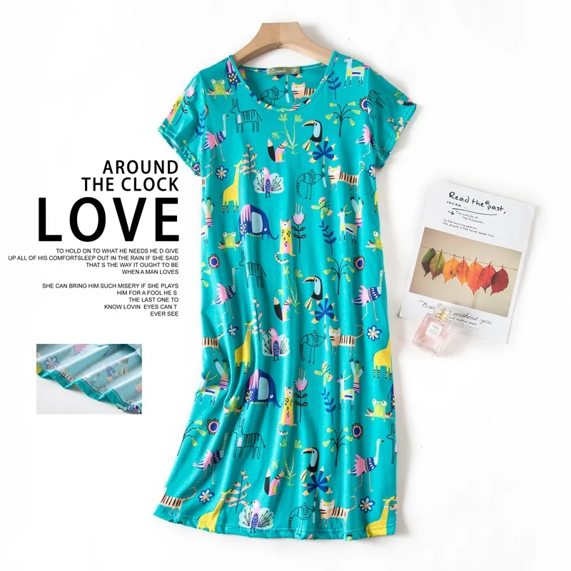 Summer Nightgowns O-neck Cotton Cartoon Women's Sleepwear Nightwear Plus Size Sleep&Lounge Nightdress Short-Sleeve Home Dress