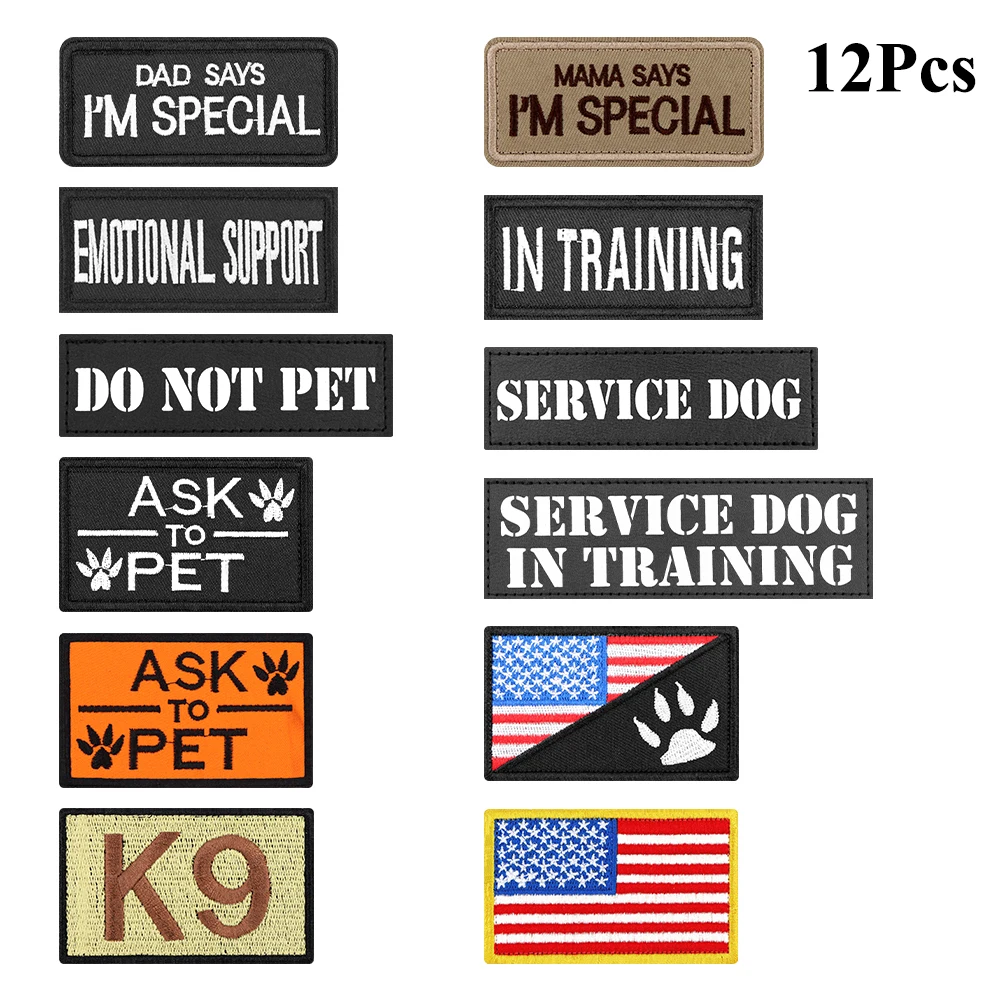 12 Pieces Set Tactical Patches Bundles For Dog Harness Collar Vest Personalized Patch Tags Sticker Label Name ID Service Dogs