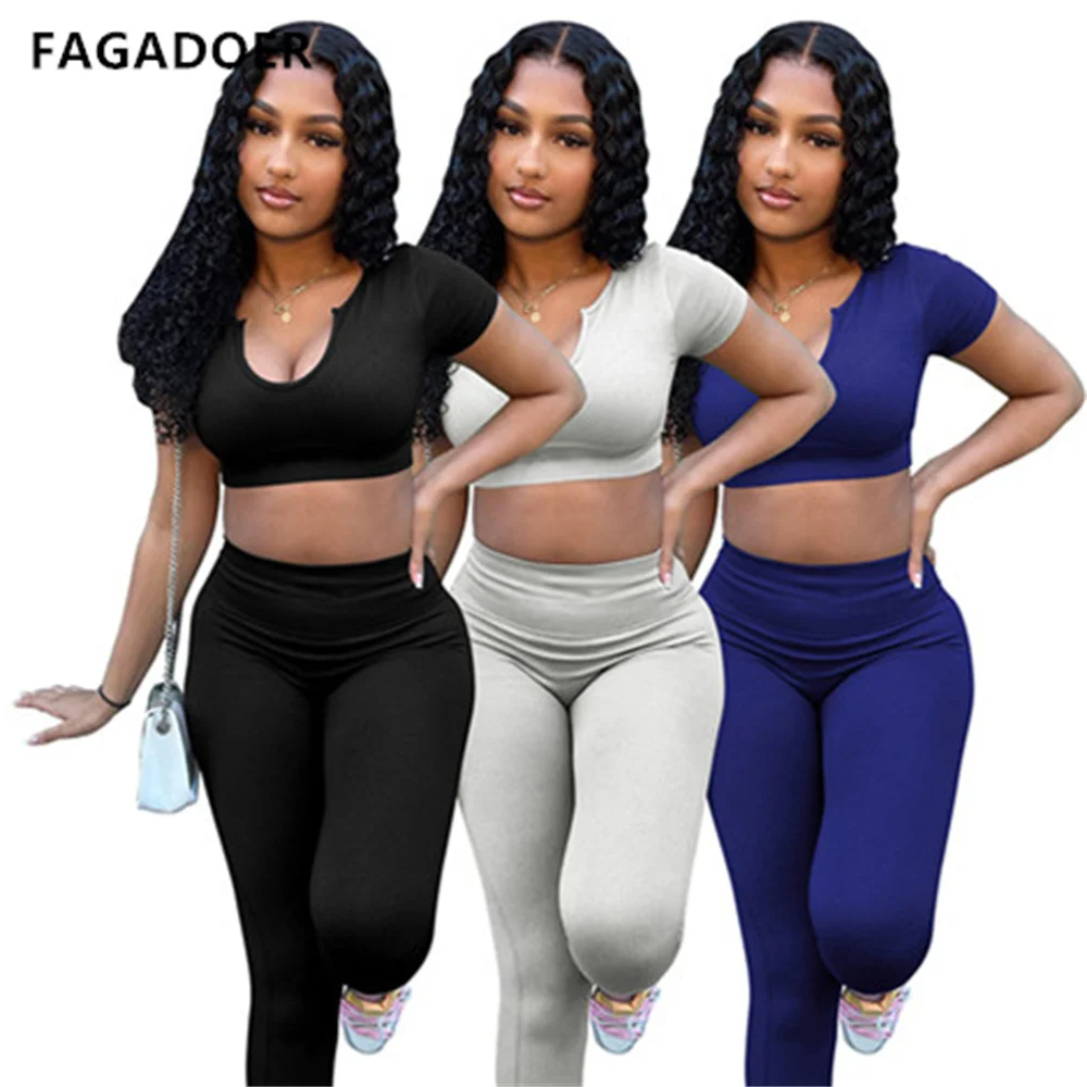 FAGADOER Casual Solid V-Neck Two Piece Sets Spring Fall Outfits Womens Track Suits Casual Fashion Streetwear Clubwears 2022 New