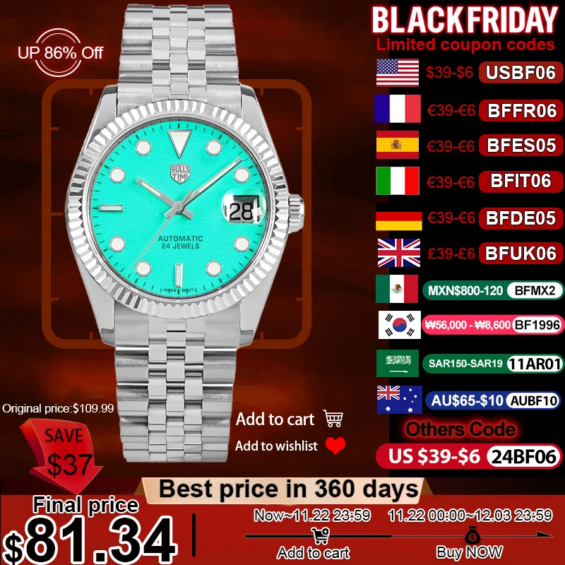 Rollstimi DD40 New Men's Watches Automatic Watch For Men NH35A Mechanical Wristwatch All-luminous Dial AR Sapphire crystal