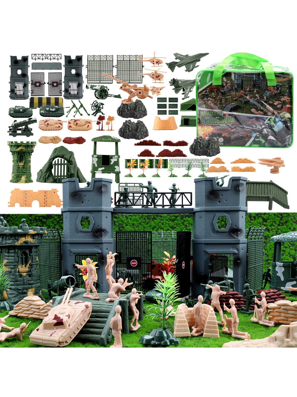 

ViiKONDO Army Men Toy Military Playset Green vs Tan Soldier 140pcs Deluxe Bag Modern Base Battle Castle Tower Wargame Boy's Gift