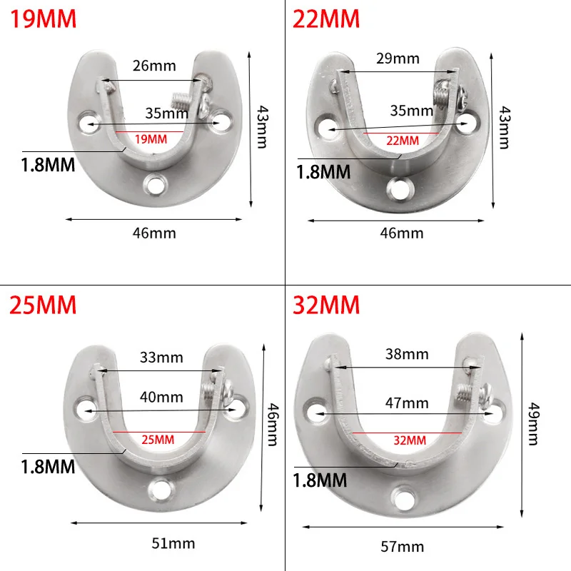 Wardrobe Bracket 2PCS/Lot Heavy Duty Stainless Steel Rod Socket Flange Rod Holder Closet End Support 19/22/25/32mm U Shaped