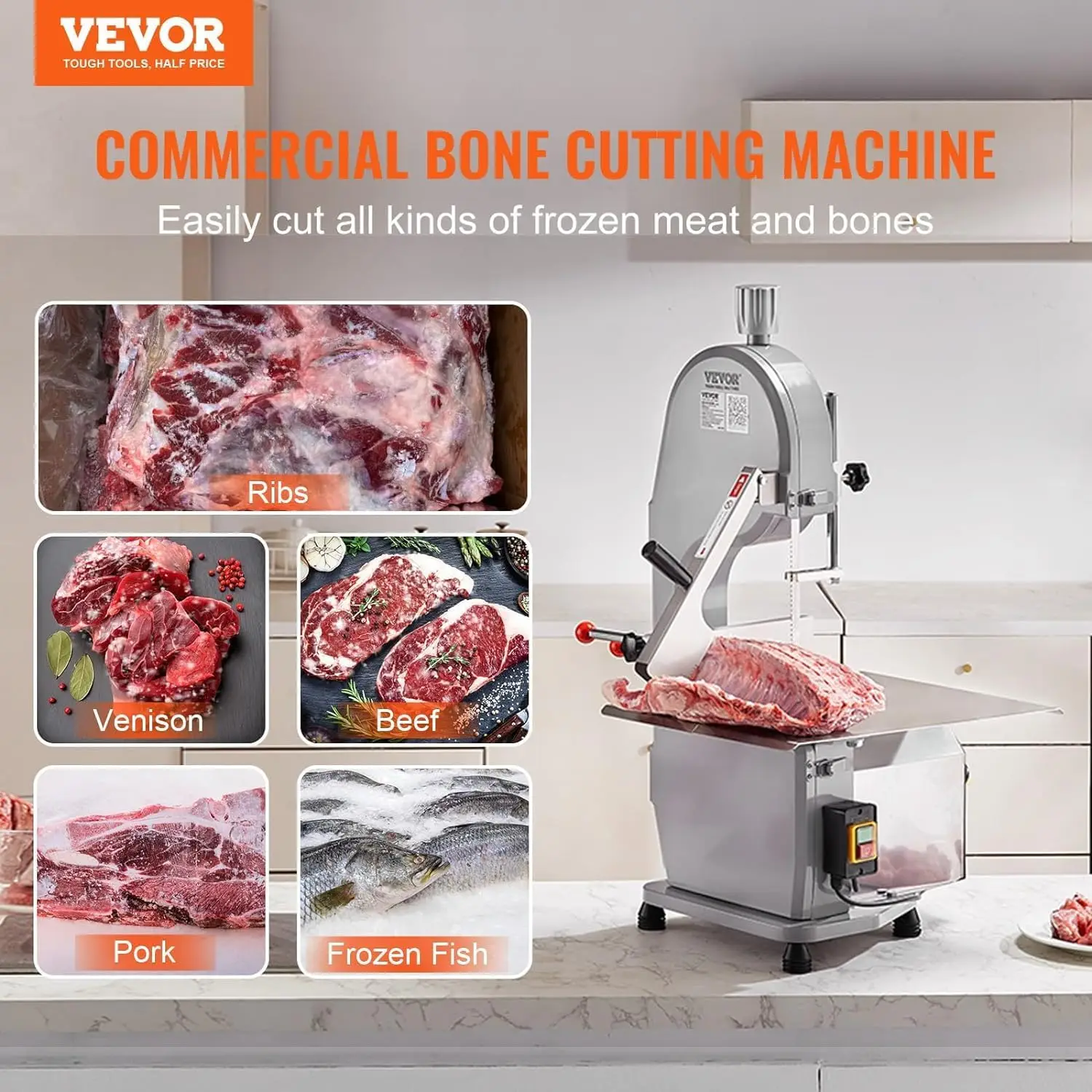 Commercial Electric Meat Bandsaw, 1500W Stainless Steel Countertop Bone Sawing Machine, Workbeach 19.3"" X 15"", 0.16-7.9 Inch 3