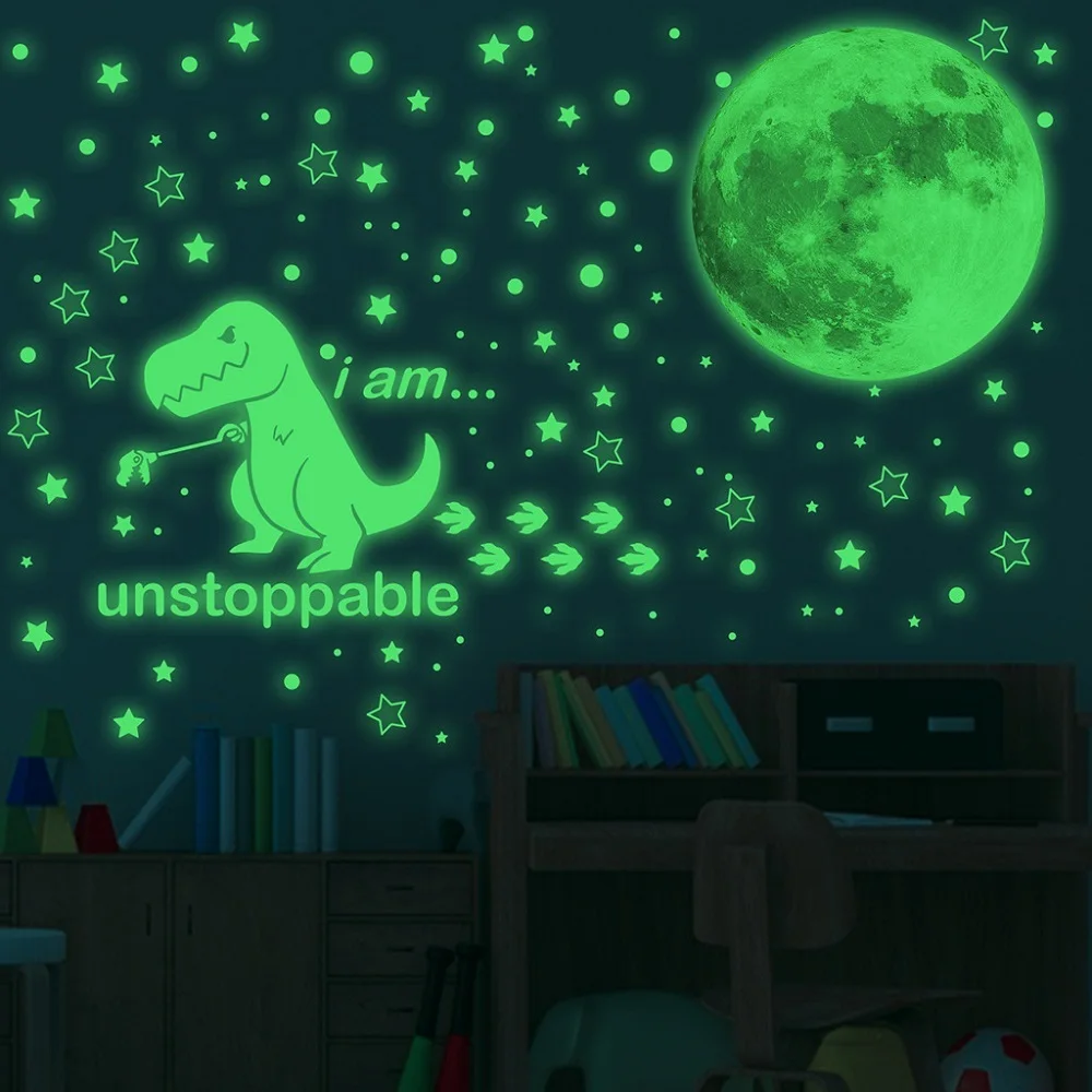 

Зеленый динозавр светящийся стикер s на стену для детской комнаты Декор наклейки Домашнее украшение светится в темноте звезды луна стикер