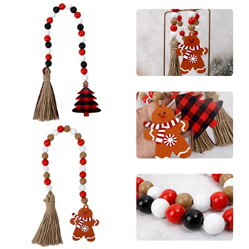 

Christmas Wooden Beads Garland Gingerbread Man Xmas Tree Beads Hanging Pendant Ornament For Christmas Party Decoration Supplies