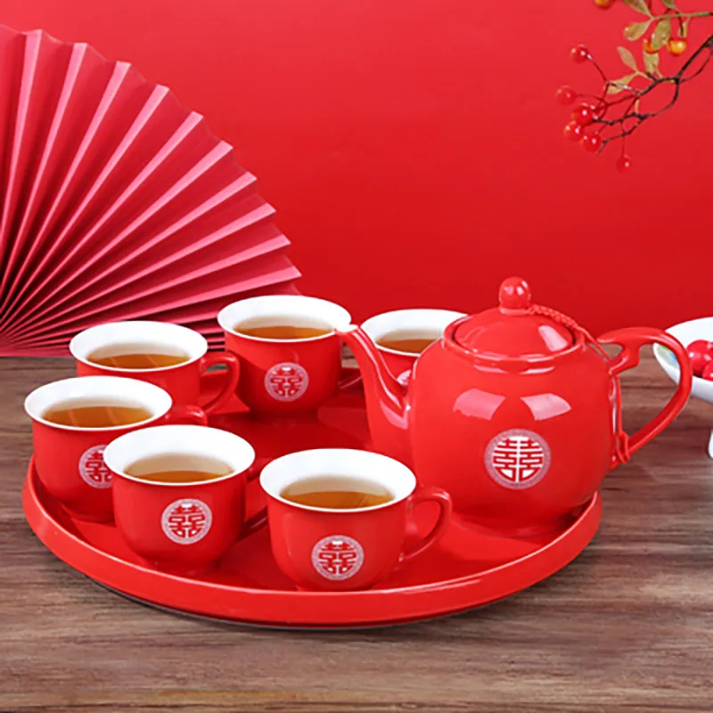 Chinese Traditional Wedding Red Double Happiness Porcelain Tea Set Teapot and Tea Cup 5 Pcs with Base 