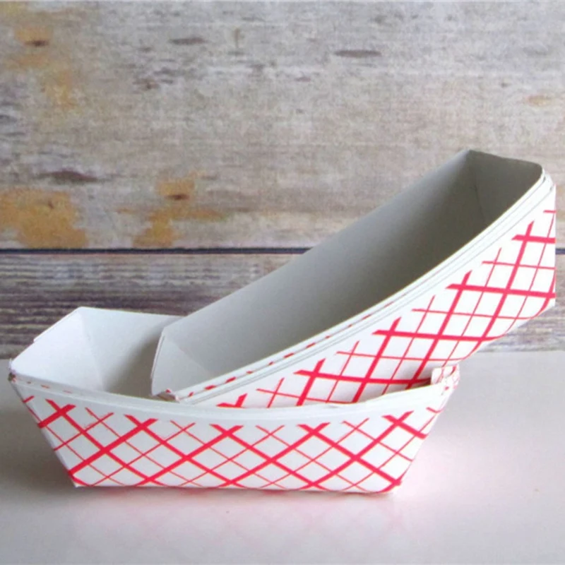 100Pc Paper Food Trays Disposable-Red & White Checkered Leak Proof Paper Food Boats-Trays For