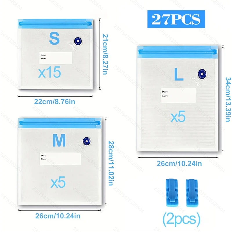 Reusable Vacuum Food Storage Bag Set - 27 Pieces: Durable, Food-Grade, Multi-Size Bags with Clips