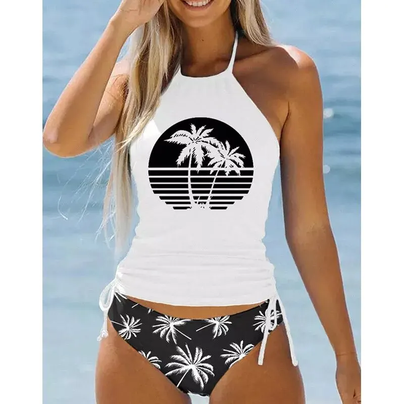 Coconut Tree Sunset Pattern Drawstring Two Piece Swimsuit Strapless Tie Neckline Backless Stretchy Low Rise Swimsuit women swimsuit,women two piece sets