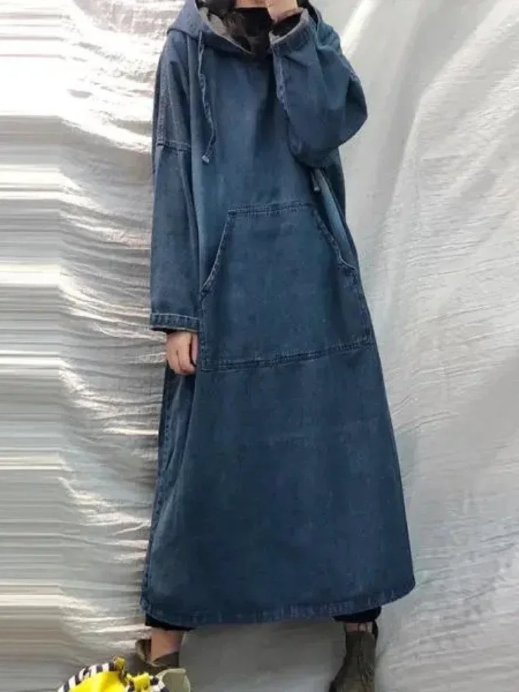 

New Fashion Elegant Women's Dress Solid Denim Hooded Long Sleeved Vintage Women's Pocket Vestido Party Dress for Women 2023