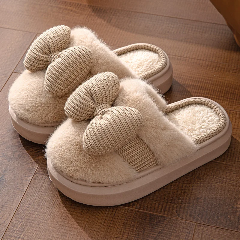 Women Fashion Plush Warm Bows Cotton Slippers Couple Winter New Thick Soft Sole Slides Men Indoor Floor Flat Home Non-slip Shoes 4