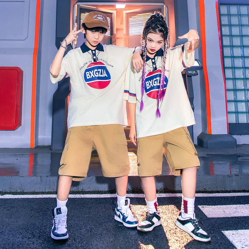 

Kids Showing Hip Hop Clothing Letter Print Polo Shirt Tee Top Casual Khaki Wide Shorts for Boy Girl Jazz Dance Costume Clothes