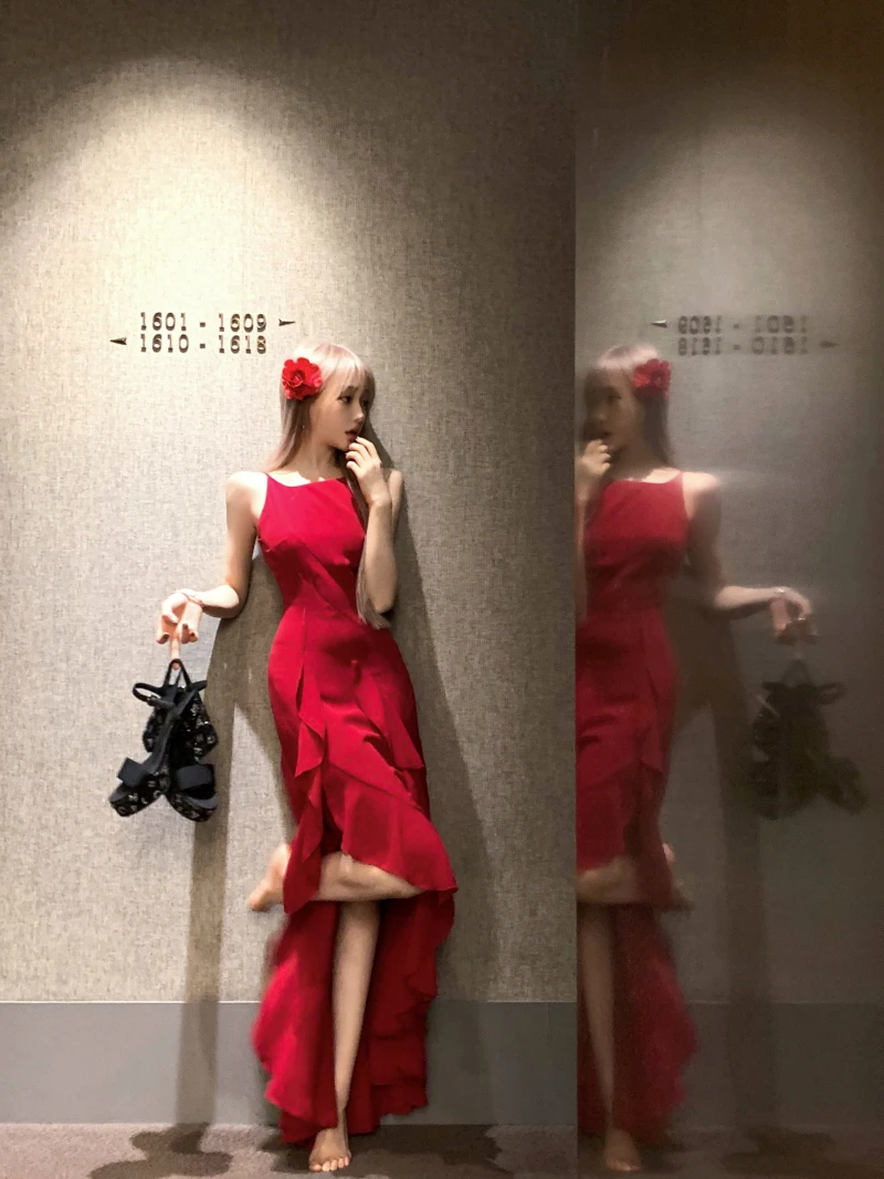 Y2K Red Irregular Womens Dresses Sexy Spaghetti Strap Sleeveless Ruffles Birthday Party Dress Summer Slim Casual Vestidos Mujer