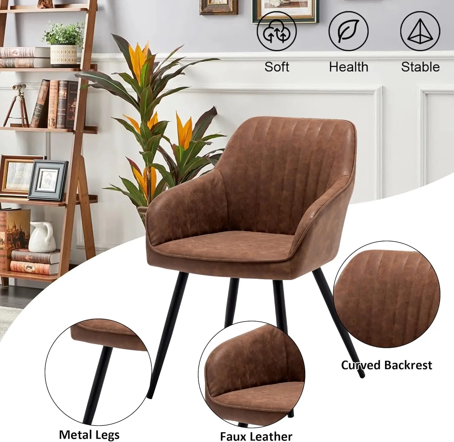 Faux Leather Accent Arm Chairs for Living Room / Upholstered Chair with Metal Legs Set of 2 for Home Kitchen
