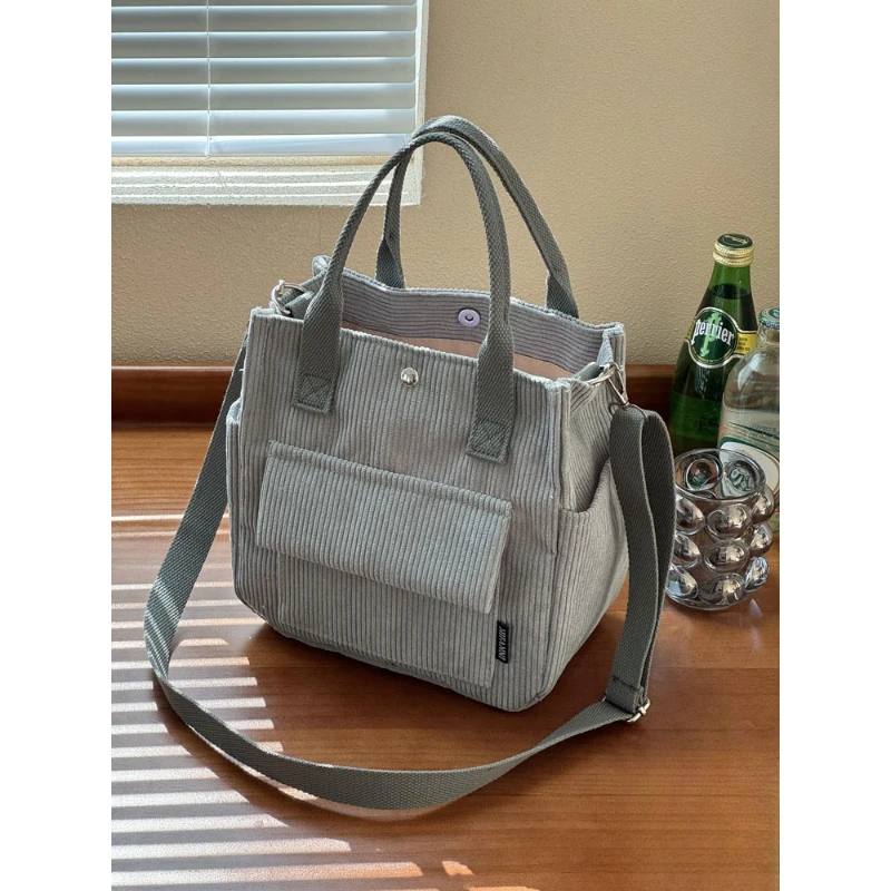 Literary Corduroy Multi-pocket Hand-carried Cross-body Tote Bag for Students Simple and Versatile Portable Lunch Box Bag