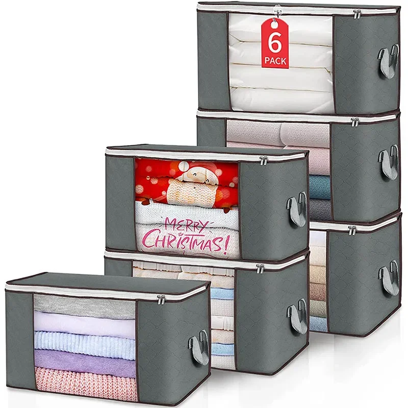 

6 Pcs Clothes Storage Bags with Handle Foldable Quilt Storage Containers Blanket Organizer Bedroom Closet Clothing Organization