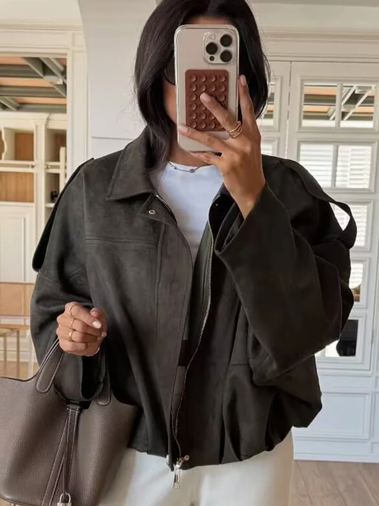 Women Imitation Deer Skin Jacket 2025 New Autumn Winter Fashion Long Sleeve Zipper Coat Chic Female High Street Outerwear