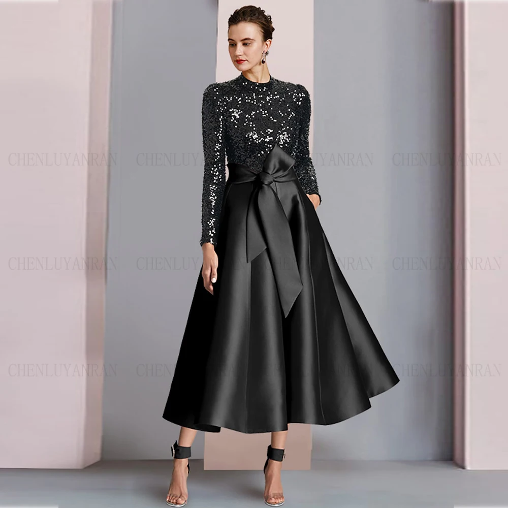 

Sparkle Sequin Mother of the Bride Dresses 2023 A-Line Satin Wedding Guest Gowns Backless Black Dress Women For Wedding Party