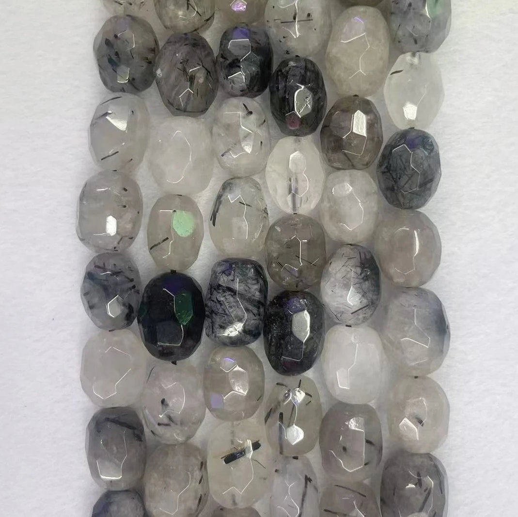 Genuine Natural Black Rutilated Quartz Round Beads Oval Faceted Loose Top Grade Hair Divergent Crystal Stone Gem For DIY Jewelry