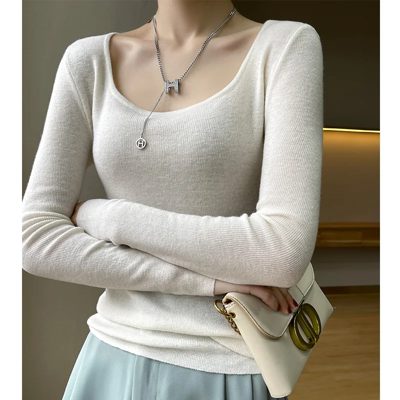 

Low Oneck Sexy 100% Australian Wool Knitting Pullovers Women New Spring Soft Warm Knitwears Hot Sale Ladies Woolen Sweaters