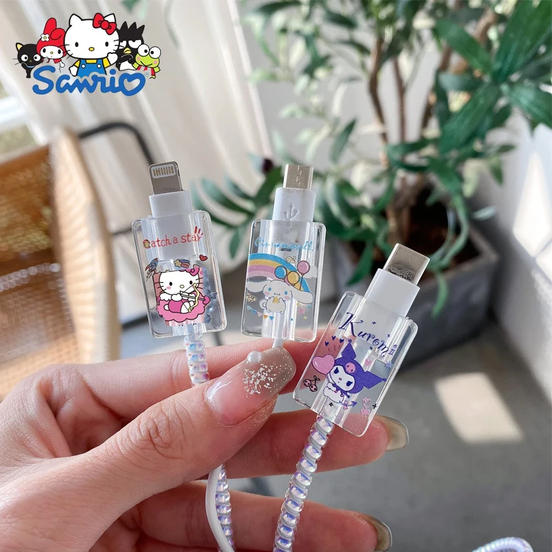 

Sanrio Anime Hello Kitty Cell Phone Data Cable Protective Sleeve Cattoon Kuromi My Melody Diy Charging Head Kawaii Toys Gift