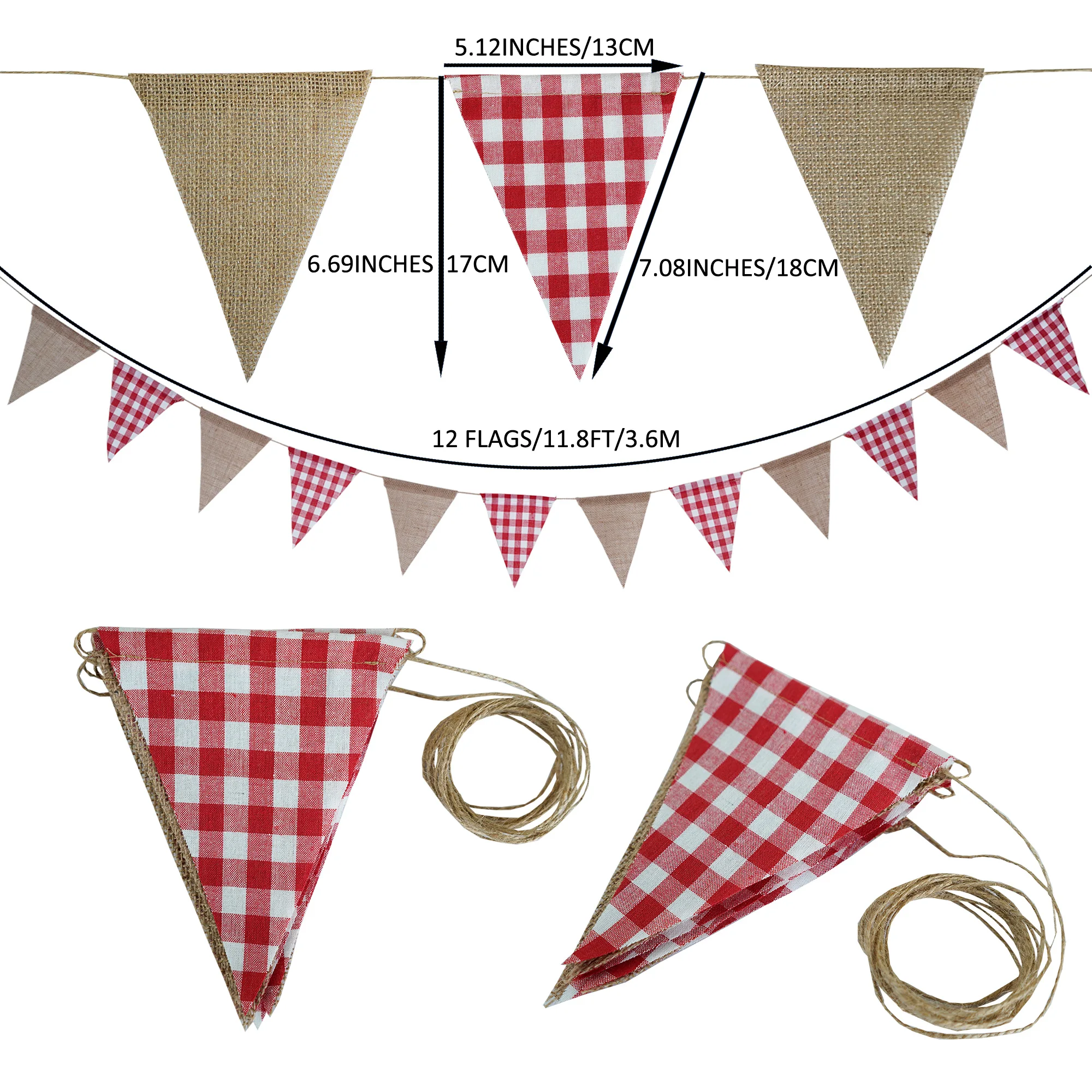 12 Flaggen, kariertes Stoff-Wimpelband, Jute-Wimpel, Hochzeits- und Partydekoration, Vintage-Banner, Heimdekoration, Babyparty, Karnevalsgirlande – Detail 13