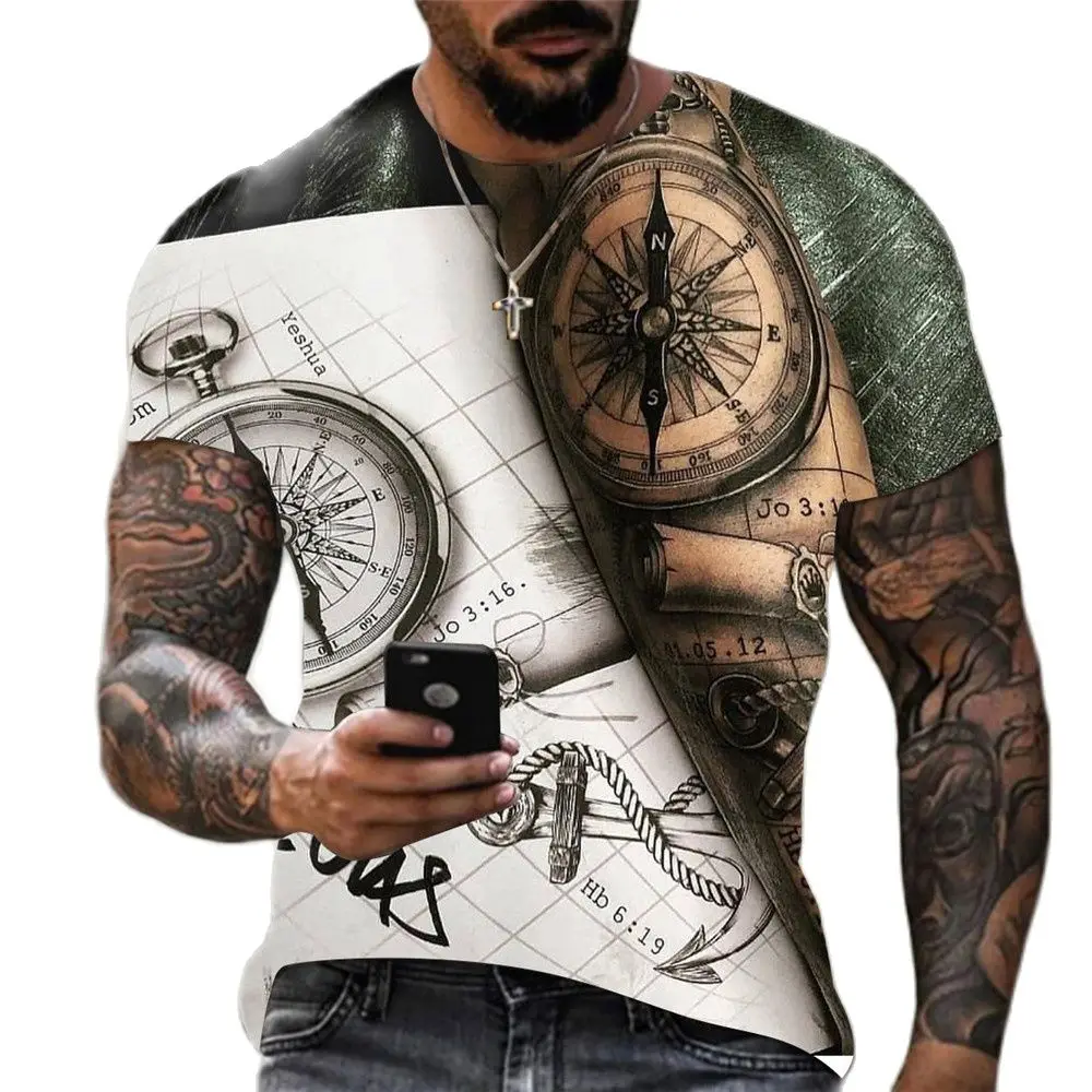 

Vintage Men's T-Shirt 3D Navigation Compass Print Short Sleeve Top Street Casual T Shirt Streetwear Loose Tee Shirt Men Clothing