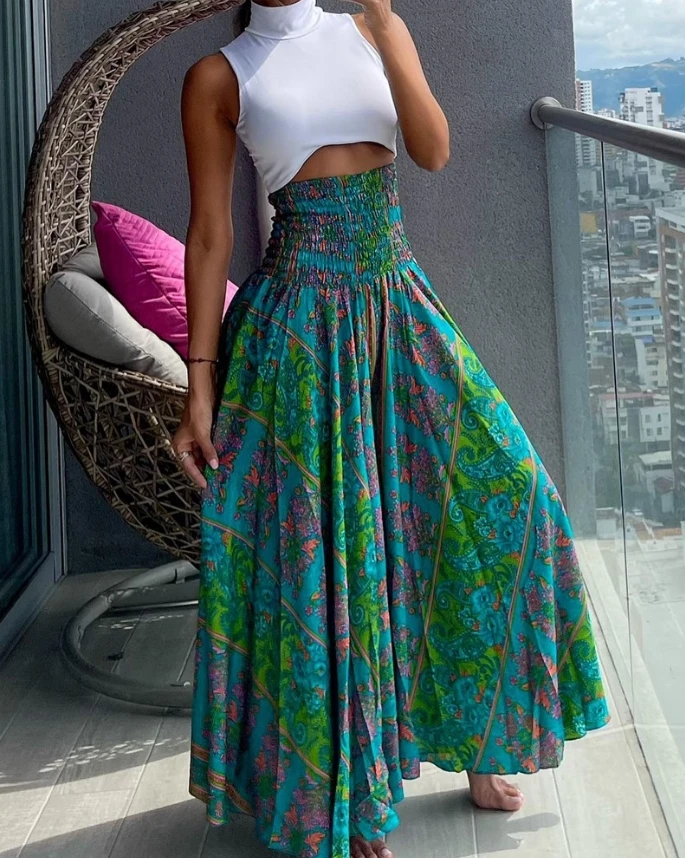 Retro Women's Loose Long Pants 2024 New Spring and Summer Boho Fashion Tribal Paisley Print Shirred High Waist Wide Leg Pants long blazers women vintage paisley print ethnic single breasted chic suit 2023 new spring autumn fashion streetwear loose blazer