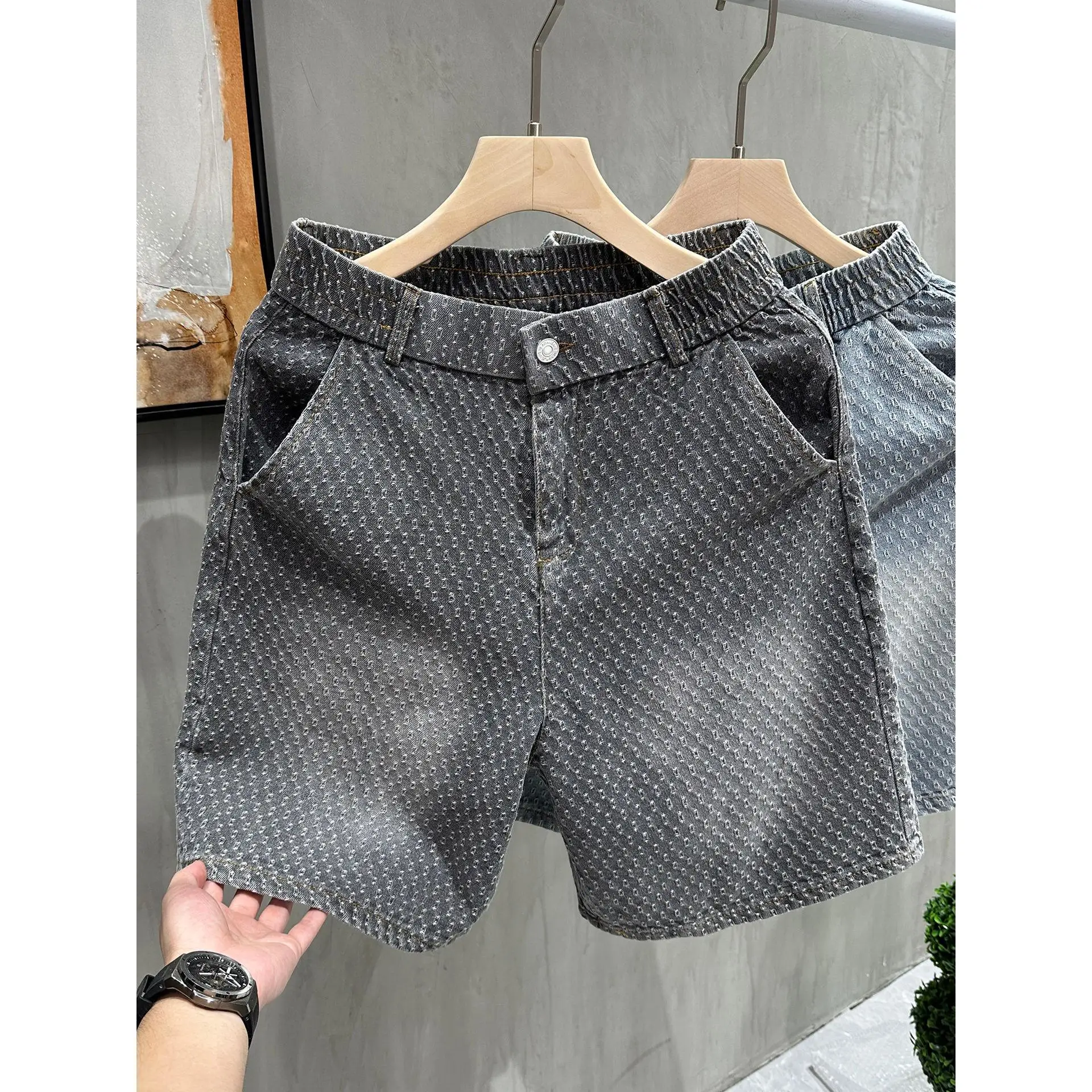Men's Denim Shorts - Retro Jacquard Washed Casual Summer Five-Minute Pants