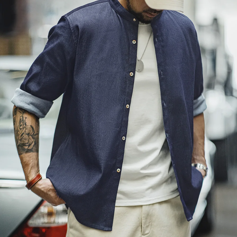 Maden Retro Cool Ice Silk Denim Shirt with Washed Round Neck Casual Solid Color Long-sleeved Shirt for Men's Autumn