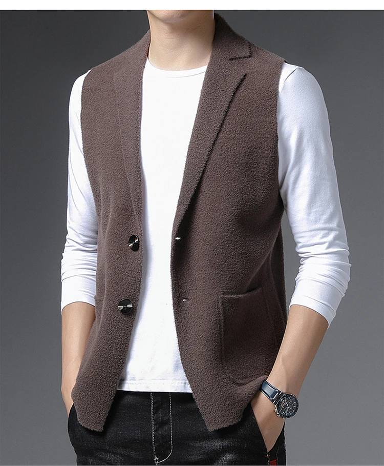 Men's vest wool knitted vest for young and middle-aged casual solid color lapel sleeveless cardigan sweater waistcoat mens knitted jumper