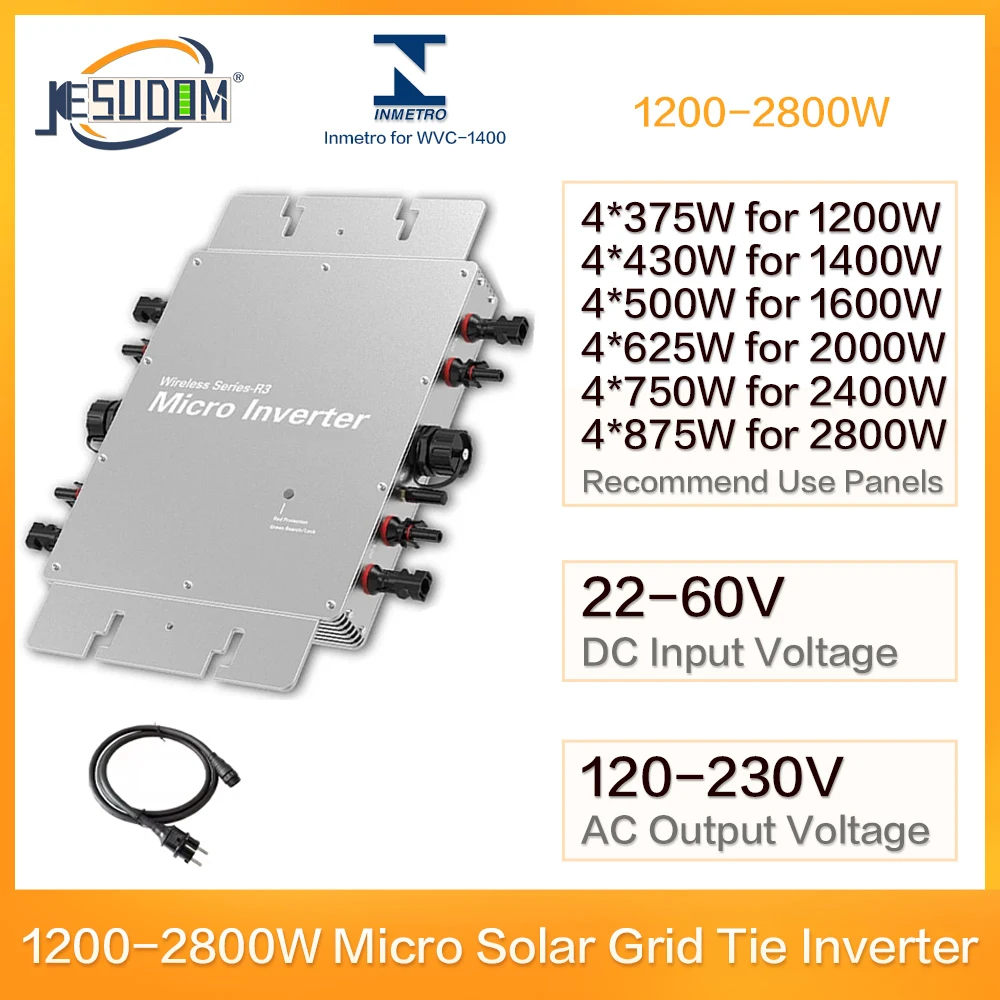 MPPT Solar Grid Tie Inverter 1200W 1400W 1600W 2000W 2400W 2800W for 4 Circuits Input PV Panels DC22-60V to AC220V110V for Solar Inverter