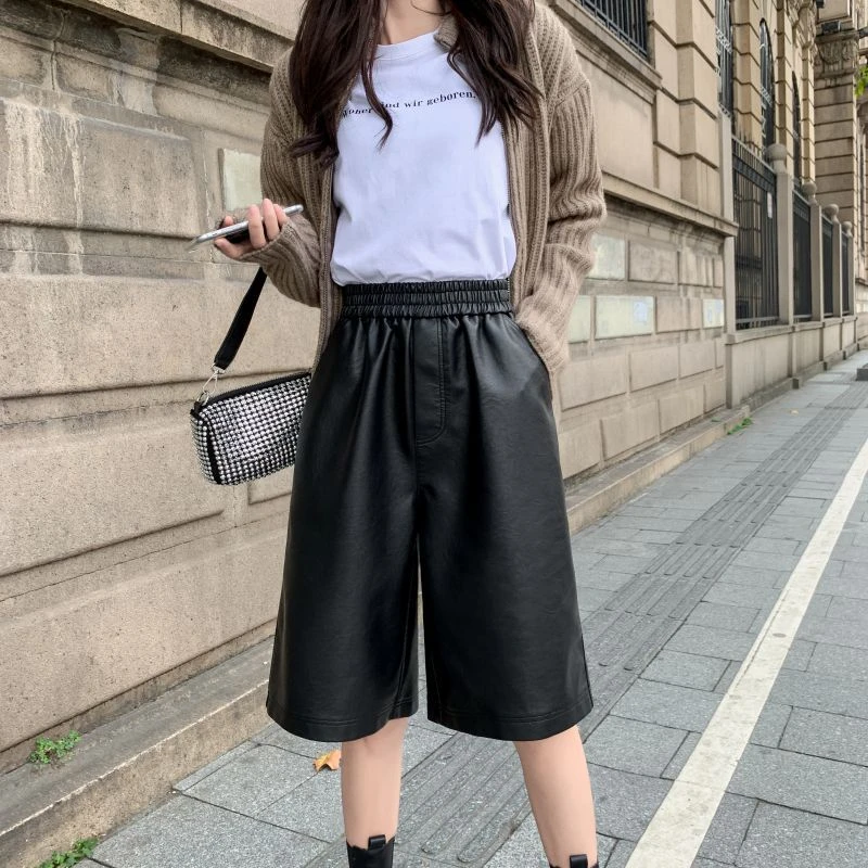 S-3XL Autumn PU Leather Shorts Women's Casual High Waist Wide Leg Half Trousers Korean Outerwear Loose Straight Shorts MT978 plus size clothing