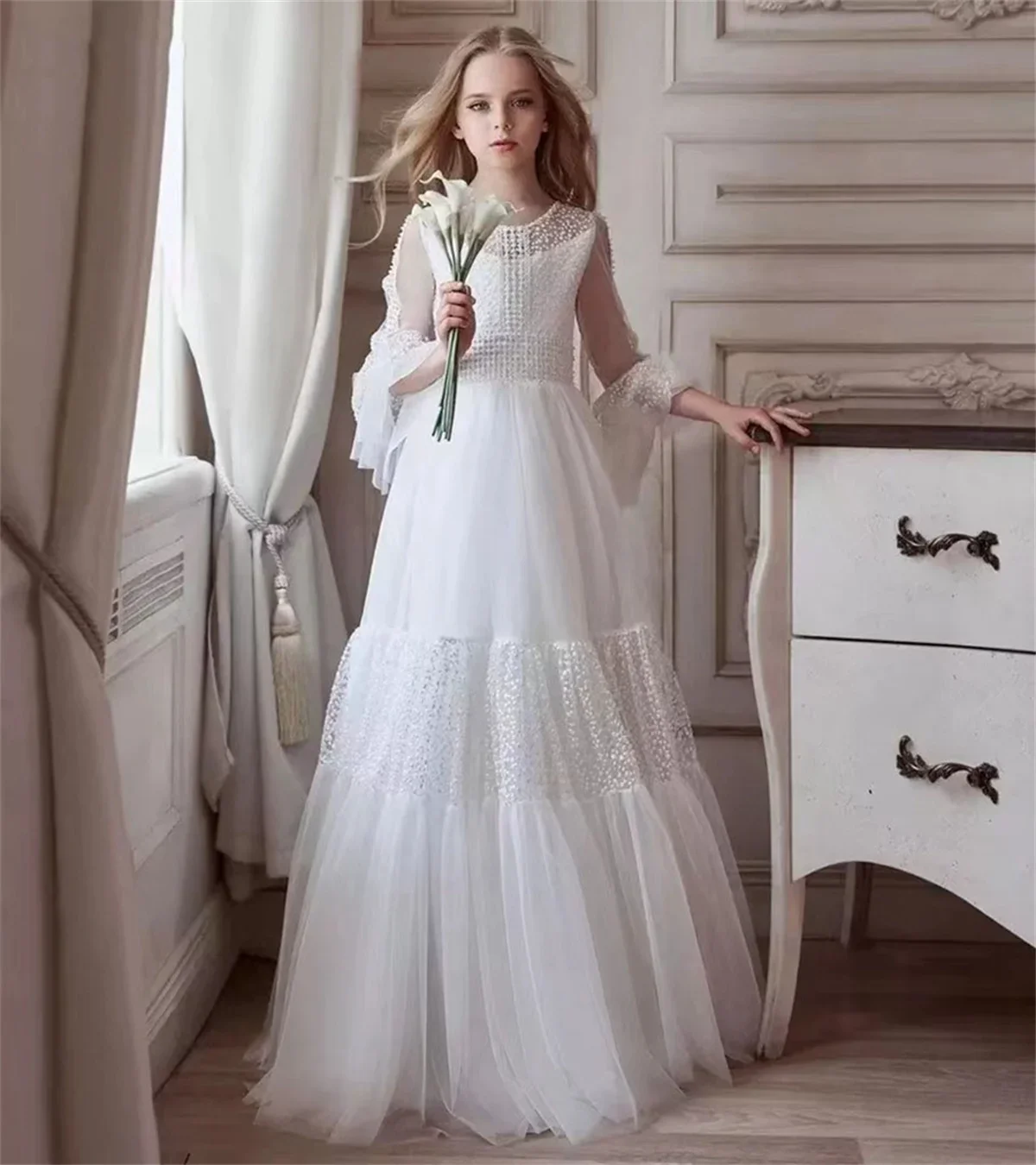 

Белое многослойное Тюлевое платье с цветочным принтом для девочек, платье с длинным рукавом на пуговицах для свадьбы, ребенка, дня рождения, бальные платья, праздничное вечернее платье для выпускного вечера