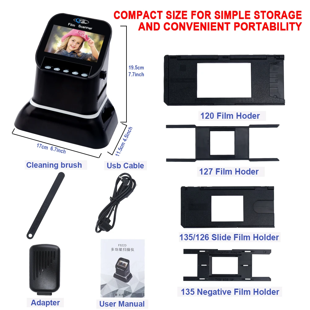 Portable Negative Film Scanner 120 Slide Converter 22 Mega Pixels 127/135/126KPK Photo Digital Image Viewer 4.3"LCD negative film scanner