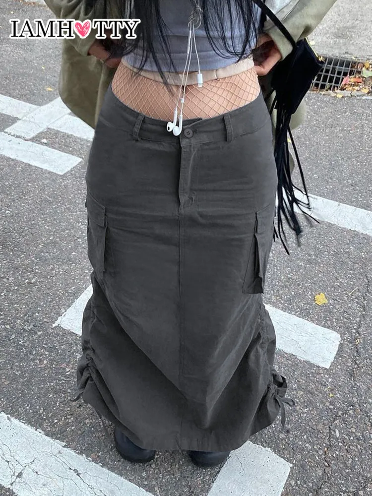 

IAMHOTTY Side Pockets Drawstring Cargo Pencil Skirt Women Fairycore Grunge Long Skirts Vintage Slit Skirt Korean Style Outfit