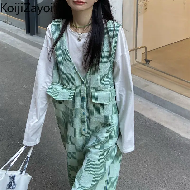 

Koijizayoi Harajuku Students Two Pieces Set White Long Sleeves Shrit Retro Plaid Loose Overall Jumpsuit Japan Style Suit Chic