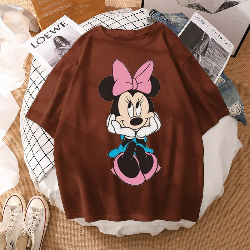 Woman Summer New 2022 Hot Cartoon Disney Mickey And Friends Minnie Mouse Leopard Bow Portrait T-Shirt Short Sleeve Teen Tops chrome hearts t shirt