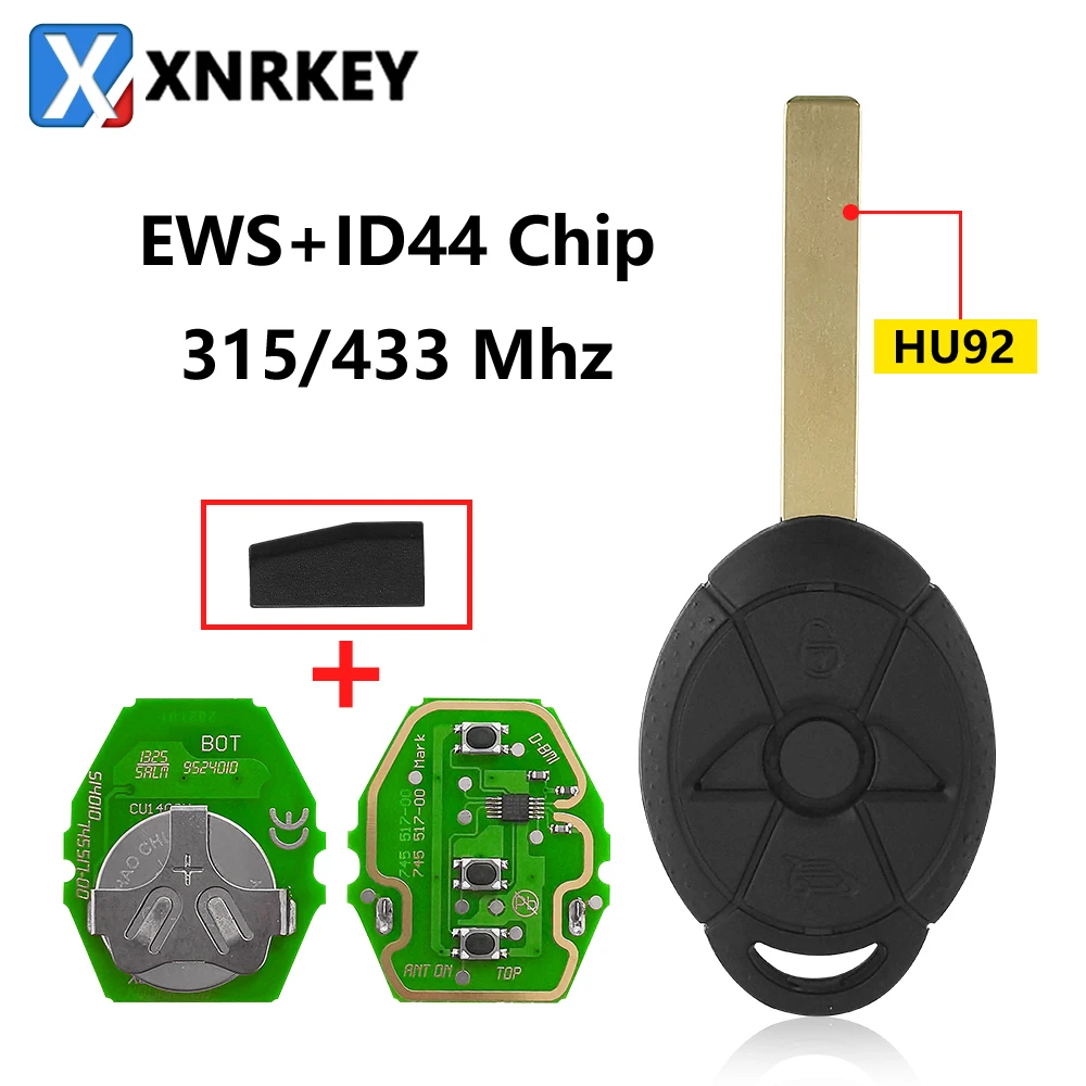 

XNRKEY 3 Button Car Remote Key ID44 Chip 315/433Mhz Uncut Blade for BMW Mini Cooper One Full Car Key